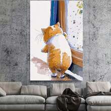 Enmarcado 1 pieza de lienzo decorativo de gato gordo naranja - Póster vertical con marco de , decoración primaveral de acuarela caprichosa para el hogar, la oficina o el dormitorio, regalo de Pascua, Día de la Madre o graduación, decoración de gatos - Enmarcado - Ver 3