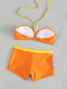 Conjunto de bikini de playa para mujer con bralette halter, adornado con nudo y estampado floral, shorts de alta elasticidad para vacaciones de verano - Naranja - Ver 4