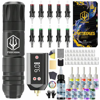  Poseidon Tattoo Kit Wireless Tattoo Pen Set, Includes 2 Batteries, Tattoo Gun Kit, 10 Tattoo Needles, 11 Tattoo Inks, Complete Tattoo Supplies For Beginners