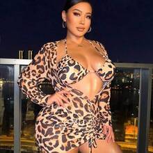 Swim  Plus Size Leopard Print 3-Piece Bikini Set For Beach In Summer - Rosa Fucsia - Ver 4