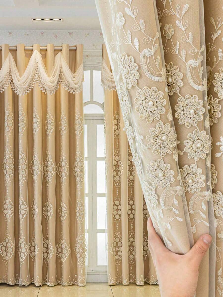 1 bộ rèm cửa hai lớp kiểu Châu Âu với diềm xếp nếp lượn sóng cho phòng khách và phòng ngủ, rèm cửa thêu hoa 3D sang trọng. - Nhiều màu - Xem 1