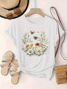 Camiseta casual para mujer con estampado floral, manga corta, cuello redondo, algodón ligero, color gris con diseño de flores coloridas, ideal para primavera y verano - Blanco - Ver 2