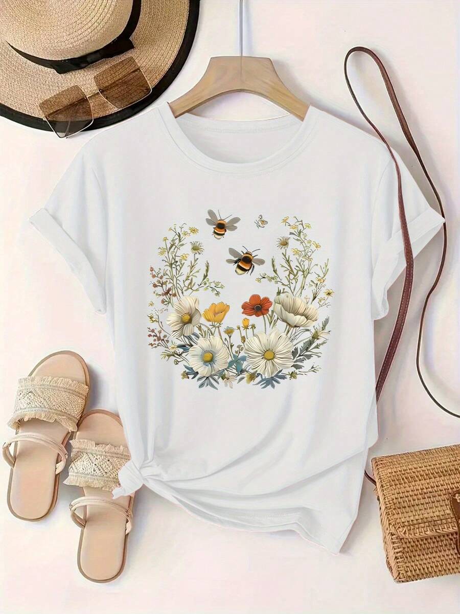 Camiseta casual para mujer con estampado floral, manga corta, cuello redondo, algodón ligero, color gris con diseño de flores coloridas, ideal para primavera y verano