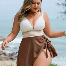 Swim Lushore Plus Size Women's Three-Color Patchwork Criss-Cross Strap Swimdress With Swimshorts 2 Pieces Set - Multicolor - Ver 2