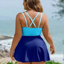Swim Lushore Plus Size Women's Three-Color Patchwork Criss-Cross Strap Swimdress With Swimshorts 2 Pieces Set - Multicolor - Ver 10