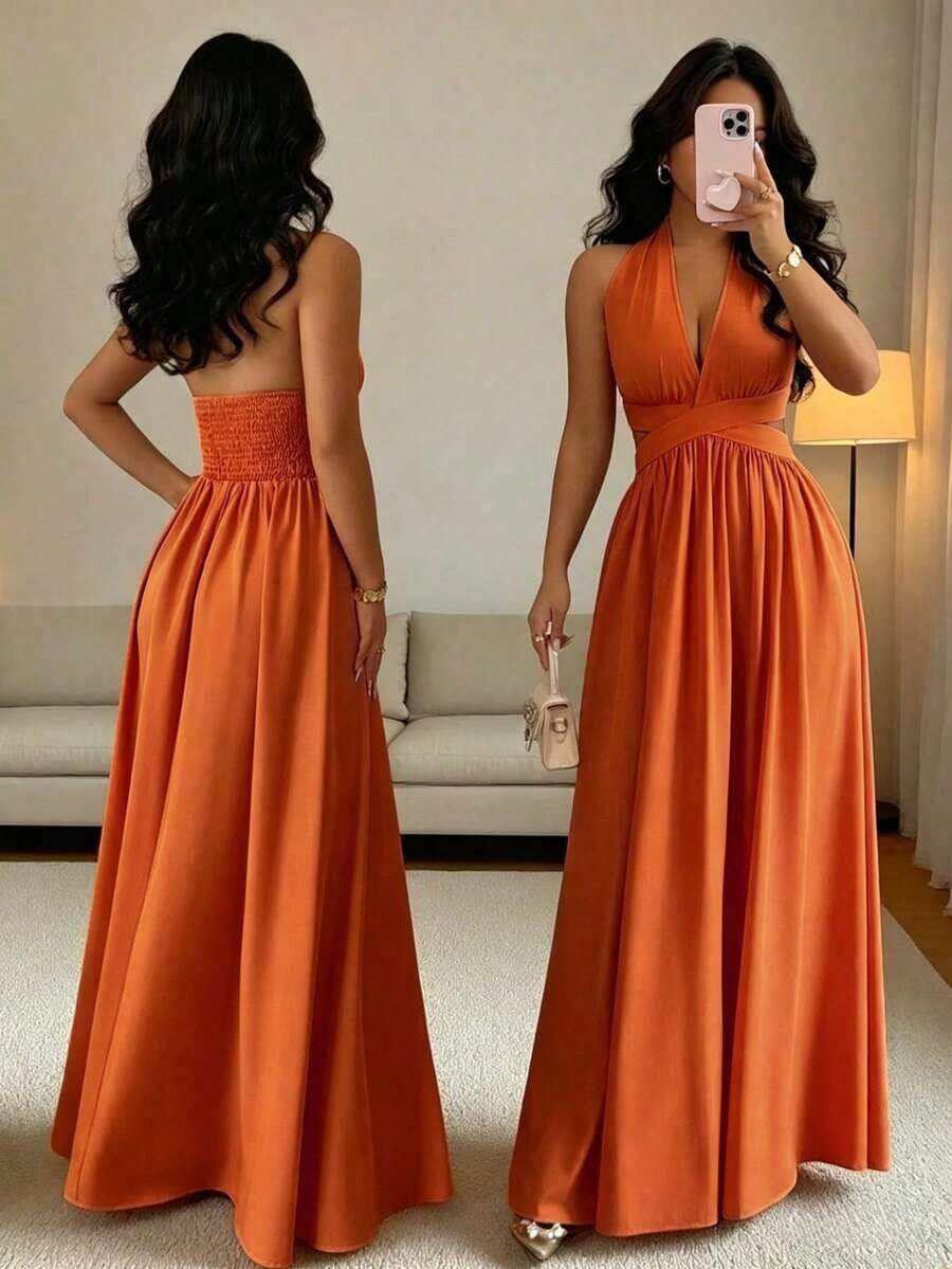 Elegante vestido sin mangas con cuello en V, diseño hueco en la cintura y plisado, color morado, nueva llegada de primavera/verano, vestido largo y elegante para mujer - Naranja - Ver 1