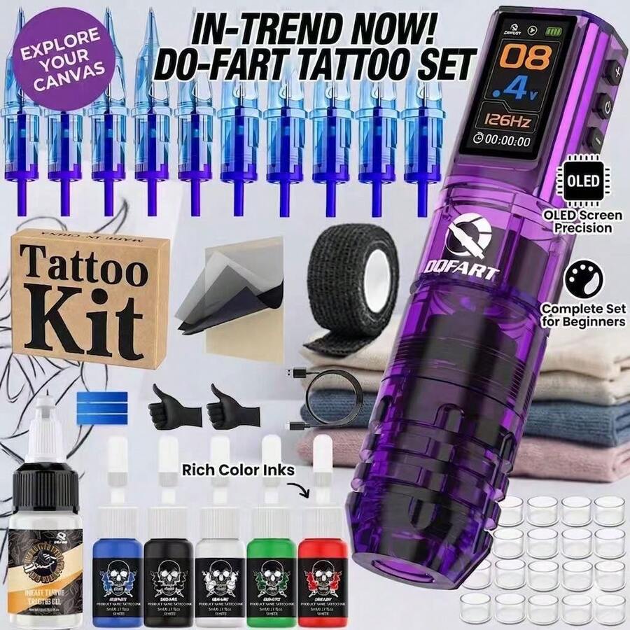 DQFART Wireless Tattoo Gun Kit - Cordless Tattoo Pen Set, Pen-Style Tattoo Machine Kit With Professional Tattoo Ink, Suitable For Professional Artists And Beginners - Multicolor - View 1