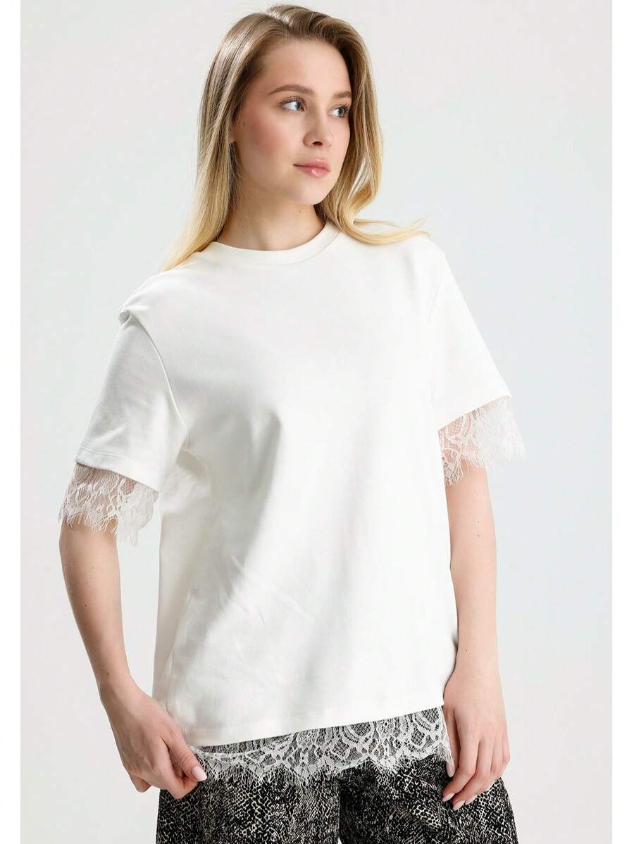 RoseArya Premium Cotton Lace Sleeve & Back T-Shirt - White - View 1