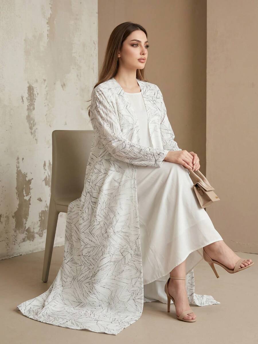 Áo khoác Abaya dài dáng rộng in sọc xanh nhạt, áo cardigan thư giãn dáng suông, áo choàng thường ngày đa năng dành cho nữ. - trắng - Xem 1