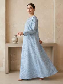 Áo khoác Abaya dài dáng rộng màu xanh nhạt in họa tiết đường kẻ cơ bản, áo cardigan dáng suông tôn dáng, áo choàng mặc hàng ngày thanh lịch và đa năng dành cho phụ nữ. - Xanh và trắng - Xem 2