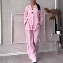 Casual Linen Co-Ord Set Ladies With Single Button Detail And Elastic Waist Trousers - Dark Grey - View 3