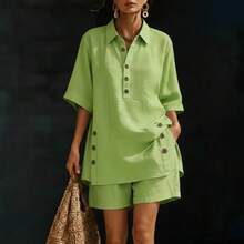 Nuevo conjunto de dos piezas para mujer camiseta de manga corta y pantalones holgados de moda para otoño y verano - Verde - Ver 7