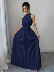 Vestido de línea A con cuello con volantes y cintura plisada, elegante y romántico para el Día de San Valentín - Azul marino - Ver 5