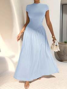 Vestido de línea A de manga corta, de cuello, ajustado, con bajo asimétrico, de uso diario, de estilo minimalista y elegante - Celeste - Ver 9