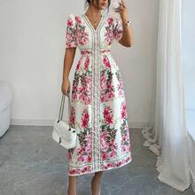 Women's Boho Hot Pink Floral Print A Line V Neck Puff Half Sleeve Midi Dress - Rosa Fucsia - Ver 2