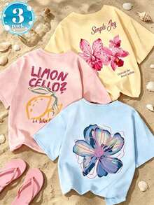 Set de 3 camisetas de mujer de manga corta con cuello redondo y estampado floral, de estilo casual y versátil, color rosa - Azul claro, rosa y albaricoque - Ver 8