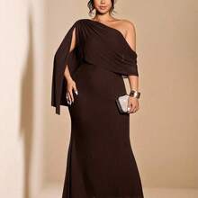Cravure Vestido de mujer de talla grande de unicolor elegante, diseño asimétrico de hombros, vestidos de cumpleaños, vestido de fiesta de club con hombros descubiertos para primavera, conjunto de mujer de verano, vestidos formales elegantes de mujer, vestido de noche, vestido ajustado maxi, vestido de mujer para boda, vestido romántico para invitada de boda - A1 - Ver 5