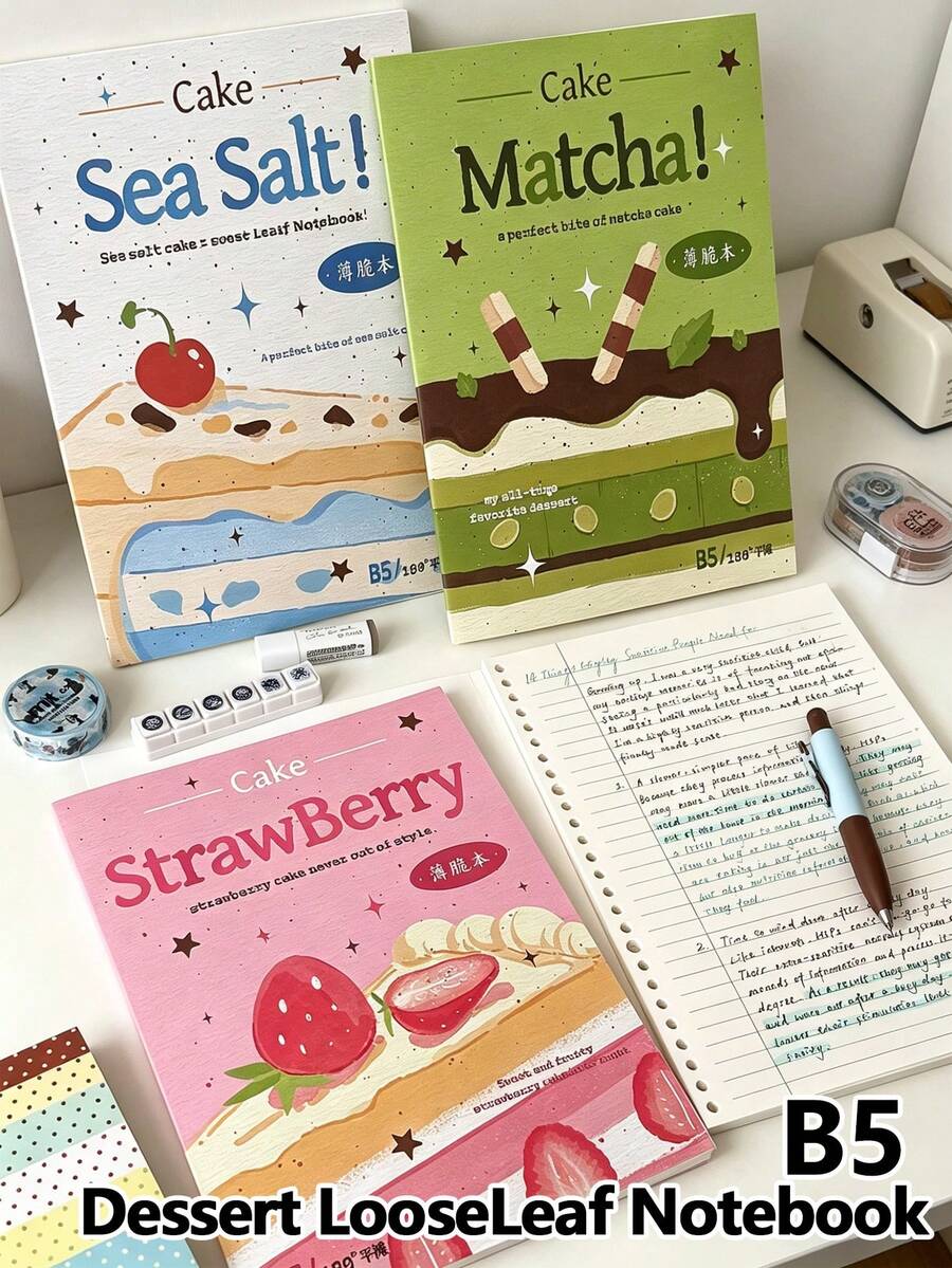 B5 Dessert Themed Notebook, Detachable Loose-Leaf Design, 80GSM Thick Lined Paper, 180° Lay-Flat, Tearable Pages, Cute Dessert Cover Notebook For Students, Office, Note Taking, Exam Prep, Journaling School Supplies - Multiple Options Available - View 1