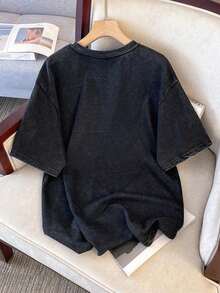 Camiseta suelta lavada con estampado minimalista de metal negro con estrella y luna, adecuada para salidas, escuela, hogar y regalos a amigos - Multicolor - Ver 4