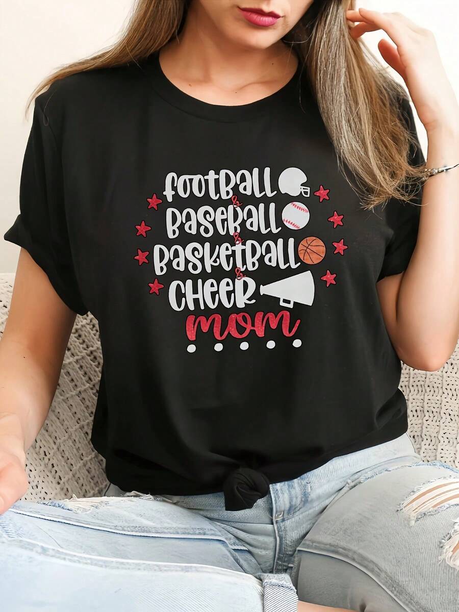 Oversized Women's Casual Sports T-Shirt, Slim Fit, With "Football Basketball Cheer Mom" Print, Round Neck And Short Sleeve, Suitable For Spring And Summer, Cute. - 黑色 - 查看 1