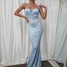 Women's Floral Print Ruched Front Tie Fitted Elegant Dress Vacation Party Summer - Púrpura malva - Ver 8
