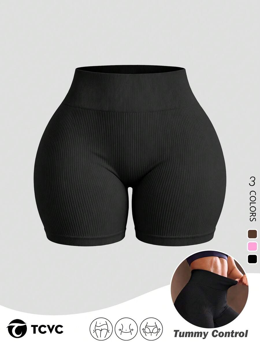 TCVC Seamless Ribbed Texture High Waist Shaping Tight Peach Butt Sports Shorts - Black - View 1