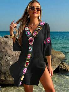Swim Lushoire Vestido/Cubrecuerpo casual y holgado con estampado floral de ganchillo y cuello en V, manga 3/4, abertura lateral, color aleatorio, para mujer - Negro - Ver 4