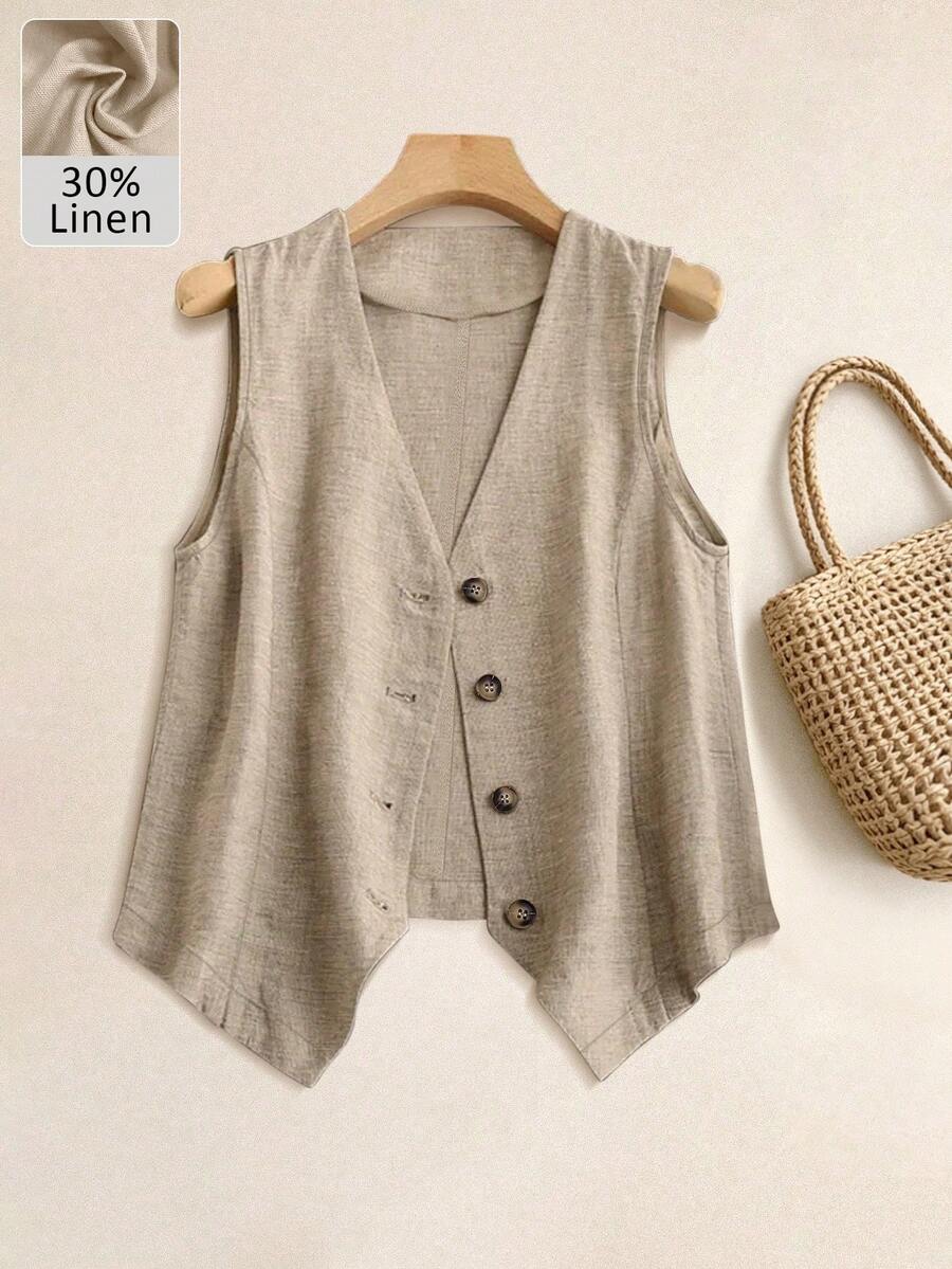 Áo khoác ghi lê ngắn vải lanh mùa hè thường ngày cho nữ - Màu Khaki - Xem 1