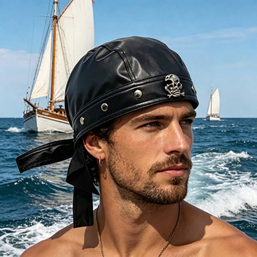 New Vintage PU Leather Bag, Headscarf Hat, Skull Rivet Leather Cover, Strap Hat, Outdoor Sports Accessory Hat - PU Cap - View 1