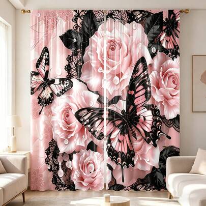 2 piezas de Cortinas elegantes de tul con flores rosas y mariposas negras - Lavables a máquina, con detalles de encaje, diseño de bolsillo para barra, adecuadas para dormitorio, sala de estar, decoración de oficina