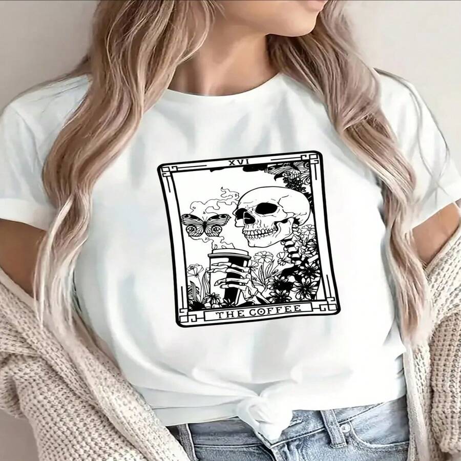 Women's Casual Cotton Round Neck Short Sleeve Regular Length T-Shirt with Skeleton Coffee Print, High Stretch and Soft - Blanco - Ver 1