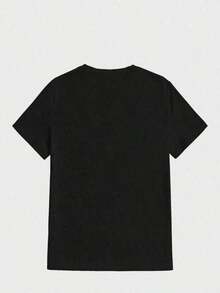 1 pieza [Camiseta Deportiva] para mujer, modelo "Sneaker Girl", con estampado de leopardo morado y texto, 100% algodón, suave y transpirable, camiseta casual de manga corta, fácil de combinar para el verano o para la comodidad diaria. |     Corte relajado |     180g 100% Algodón - Negro - Ver 2