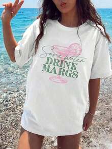 1 pieza, envío gratis, nueva camiseta de manga corta de verano 2026, camiseta 'Save Water Drink Margs' para amantes del tequila y la margarita, corte holgado, camiseta estampada de manga corta con cuello redondo para mujer, camiseta con estampado, top para mujer, cómoda de llevar, conjuntos de vacaciones en la playa 2026 para mujer, ropa bonita, 180g 100% algodón. - Blanco - Ver 1