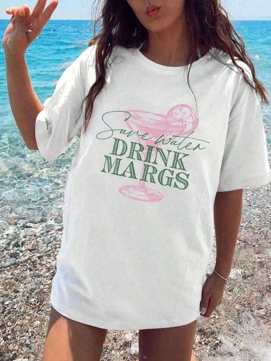 1 pieza, envío gratis, nueva camiseta de manga corta de verano 2026, camiseta 'Save Water Drink Margs' para amantes del tequila y la margarita, corte holgado, camiseta estampada de manga corta con cuello redondo para mujer, camiseta con estampado, top para mujer, cómoda de llevar, conjuntos de vacaciones en la playa 2026 para mujer, ropa bonita, 180g 100% algodón. - Blanco - Ver 1