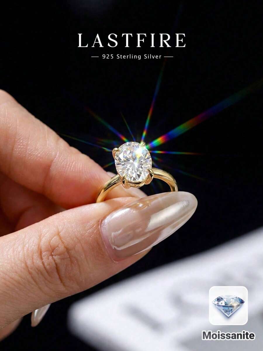 1 chiếc nhẫn Moissanite hình bầu dục 4 chấu, 1-2 carat, bạc sterling 925, sang trọng, thích hợp cho lễ đính hôn, đám cưới, sinh nhật bạn bè, kỷ niệm và các dịp khác, trang sức cô dâu lý tưởng. - Vàng - Xem 1