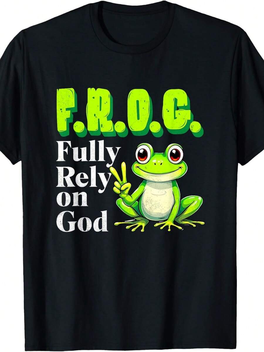 Camiseta casual de algodón "F.R.O.G. Completely Relys on God", suave y linda, con temática de fe, manga corta, 100% algodón puro, colores cómodos. Diseño de cuello redondo de manga corta, nueva camiseta de mujer de cuello redondo y corte ajustado, estilo de diseño primavera/verano, estilo para parejas, perfecta para usar en conjunto. - Negro - Ver 1