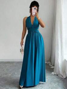 Elegante vestido sin mangas con cuello en V, diseño hueco en la cintura y pliegues, color morado, nueva llegada de primavera/verano - Agua verde azul - Ver 3