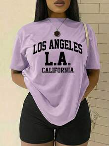 California Street Style LOS ANGELES Letter Pattern Print, Women's Round Neck Short Sleeve T-Shirt, Women's Sports T-Shirt, Everyday Fashion, Casual St - 藍色 - 查看 7