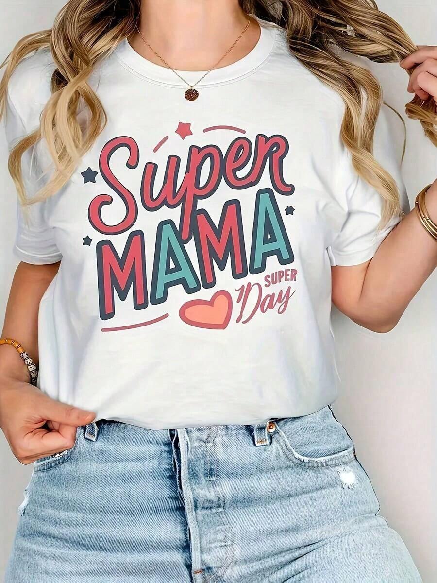 Women's T-Shirt - Super Mom T-Shirt For Women - Red And Pink Lettering With Stars And Hearts, Superwoman Logo Print, Soft And Stretchy Crew Neck, Short Sleeve, Casual Top, Mother's Day Gift, Grandma Outfit, Super Mom Day App. Comfortable And Lightweight. - 白色的 - 查看 1