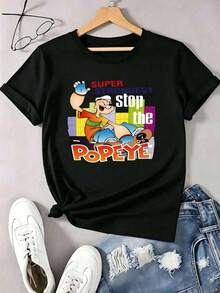 Playera negra de algodón para mujer con estampado de personaje de caricatura retro con texto "Super Strongest" y fondo de ciudad, estilo nostálgico y llamativo, ideal para uso diario, salidas casuales y looks de verano - Negro - Ver 2