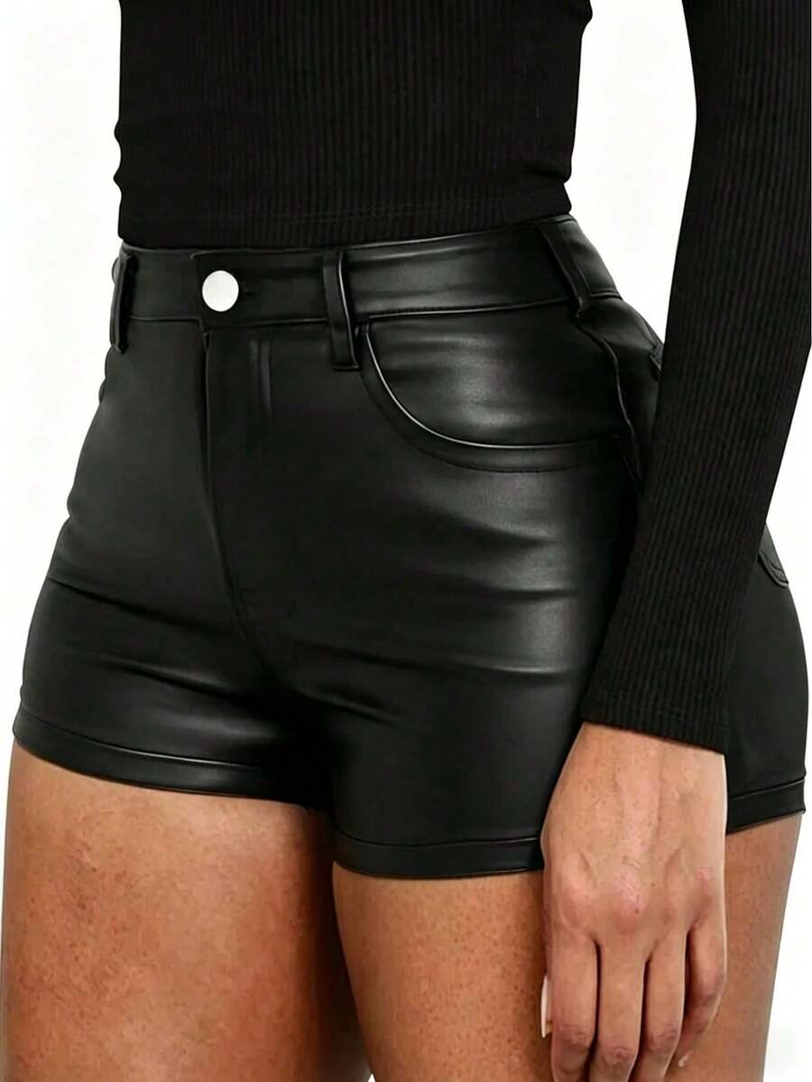 High Waist Faux Leather Shorts Women Skinny Fit Party Streetwear Going Out - 黑色 - 查看 1