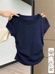Camiseta casual versátil de mujer de unicolor, cuello redondo, manga corta y plisada - Azul marino 2 - Ver 5