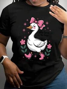 Camiseta Nueva de Primavera/Verano/Otoño 2026 - Camiseta casual de verano de manga corta y cuello redondo con estampado de pato lindo y lazo rosa (Silly Goose on Run) - Top negro lavable aáquina. - Negro - Ver 9