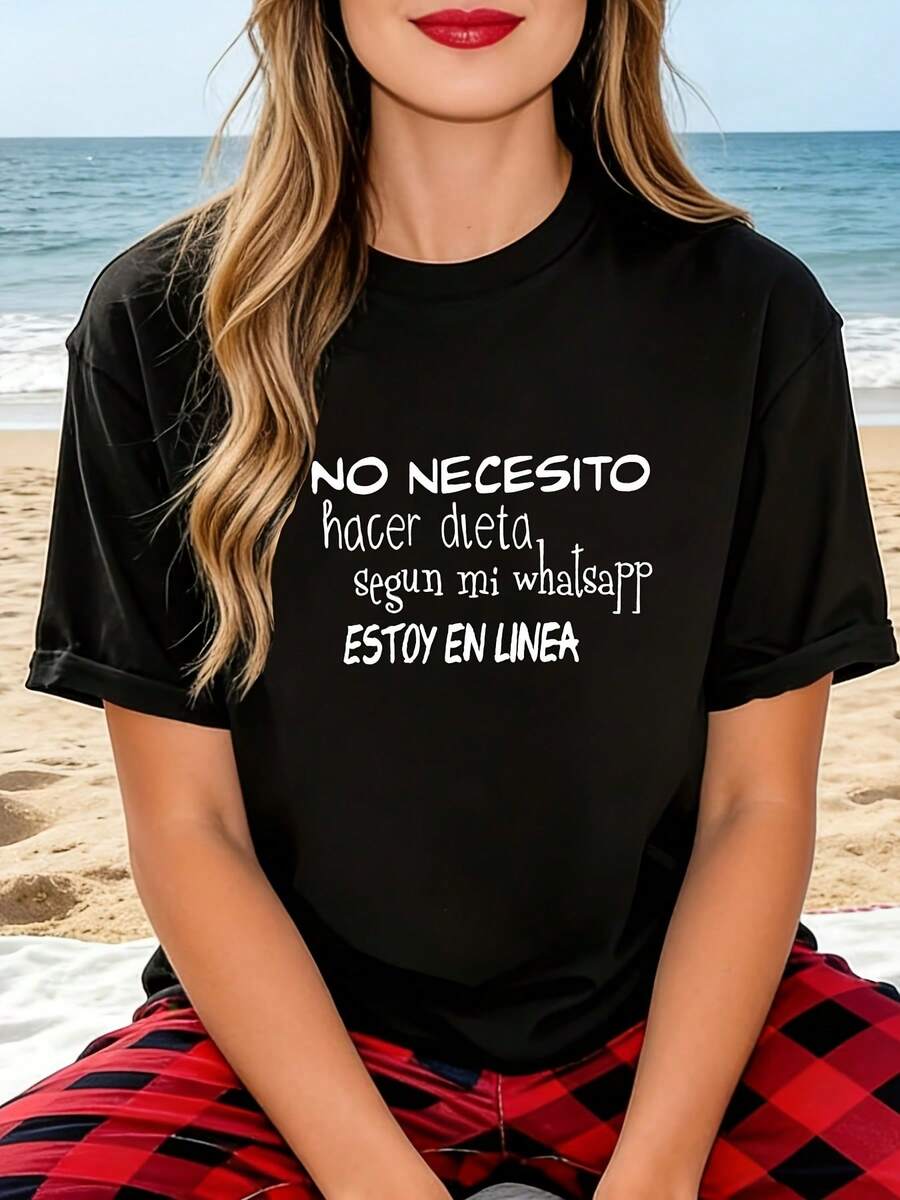 Camiseta de algodón ligera y transpirable de edición limitada para mujer, con el texto en español No Nesito H Dieta (No necesito dieta) impreso en ella, un mensaje autocrítico. Esta camiseta negra de manga corta y cuello redondo para mujer adecuada para primavera, verano y otoño. Presenta un ajuste cómodo, un diseño retro elegante y moderno, y una tela suave. un estilo moderno que estiliza y favorece la figura cuando se usa como prenda exterior, y sencillo y elegante cuando se usa como capa interior. Perfecta para ir de compras, asistir a fiestas y para el uso diario casual, esta camiseta básica duradera y atractiva. Algodón ligero. - Negro - Ver 1