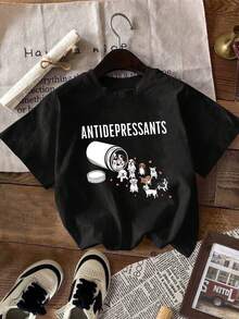 Women's Casual Short Sleeve Round Neck Drop Shoulder Antidepressants Dog Print Black T-Shirt - Negro - Ver 3