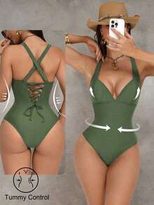 Traje de baño de una pieza con control de abdomen y push-up, con parches de color marrón, cordón de ajuste elegante y sexy, para fiestas y piscina - Verde militar - Ver 1