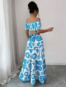 de moda con estampado floral, hombros descubiertos, manga corta y cintura hueca - Azul - Ver 2