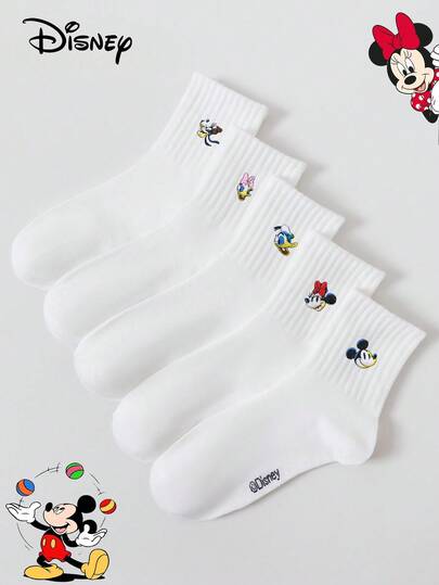  Disney Socks, Mickey Mouse Socks, Minnie Mouse Socks, Donald Duck Socks 5 Pairs Of Disney Embroidered White Women's Mid-Calf Socks, Casual, Fashionable, And Versatile, Suitable For Daily Use