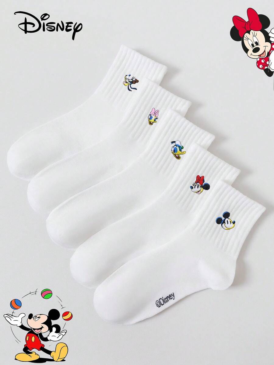 Disney 5雙迪士尼刺繡白色米奇米妮唐老鴨中筒女襪 休閒時尚百搭 適合日常穿著 - 白色 - 查看 1