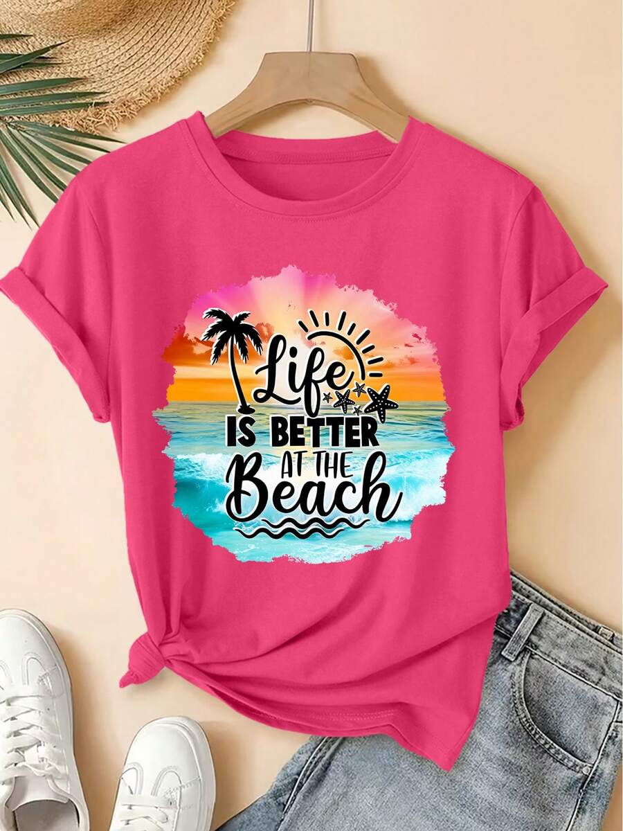Camiseta vintage mujer, manga corta, cuello redondo, estampado playa y cocoteros, corte holgado, casual y elegante, primavera- - Rosa Fucsia - Ver 1